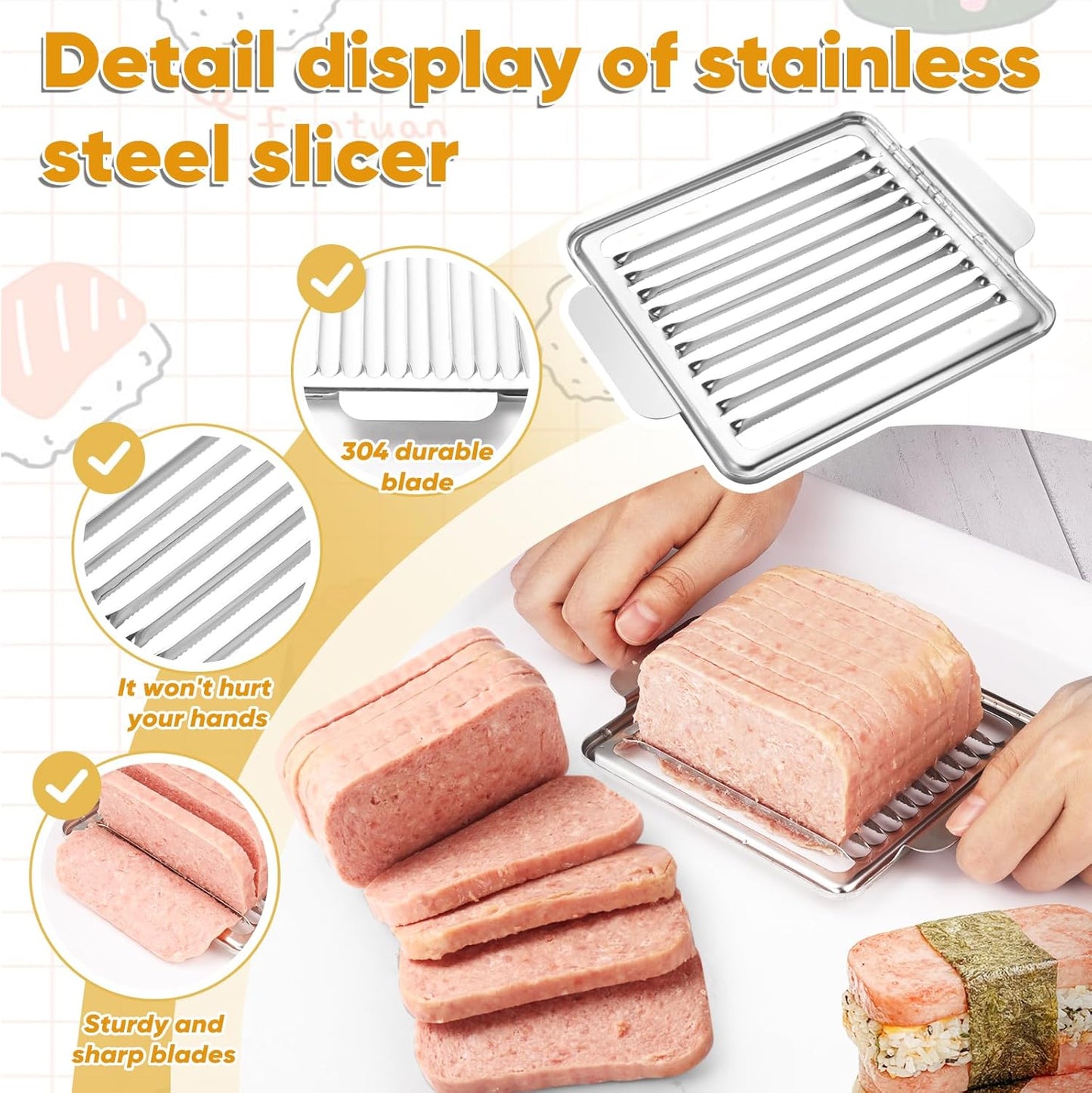 Mubi Press Mold Kit, 2 Pack Clear Mubi Maker with Stainless Steel 304 Luncheon Meat Slicer for SPAM V1258-DP02-E-474