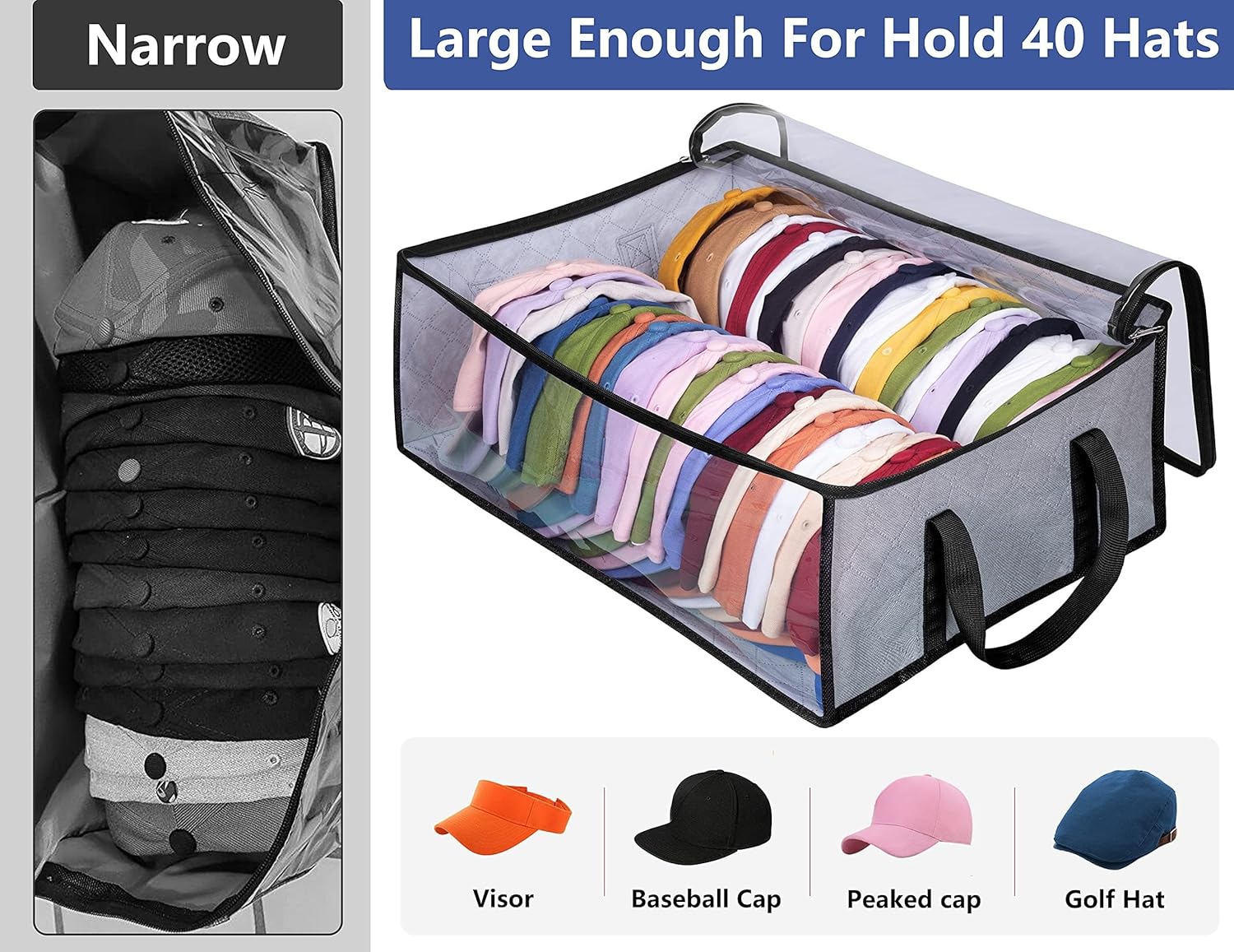 Hat Storage for Baseball Caps, Large Holds up to 40 Caps Wide Hat Organizer for Closet Snapback Holder, Grey V1258-DP02-E-481