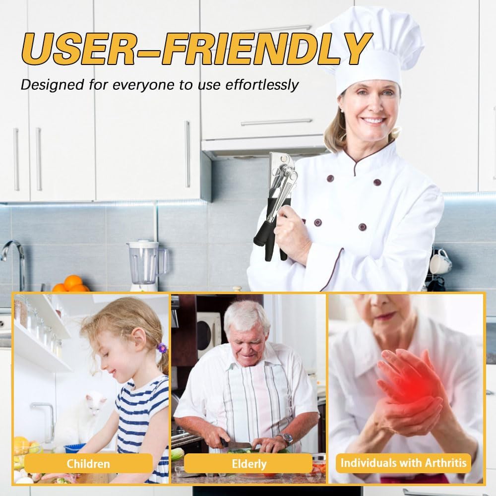 Commercial Heavy-Duty Manual Can Opener with Easy-Turn Crank, Long Rubber Handle & Magnetic Lid Holder V1258-DP02-E-483