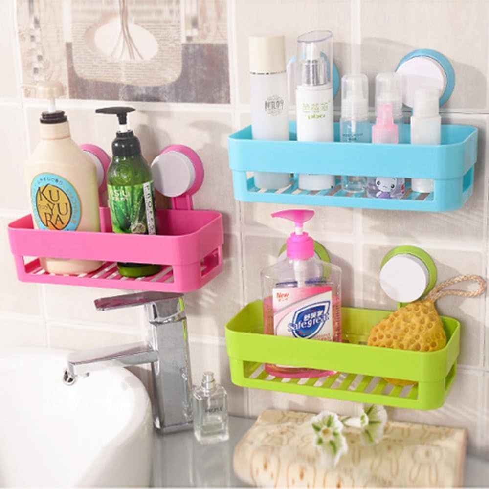 Plastic Organizer Rack for Bathroom Kitchen Storage Box Basket Organization W/Wall Mounted Suction Cup (Pink) V1258-DP02-E-550