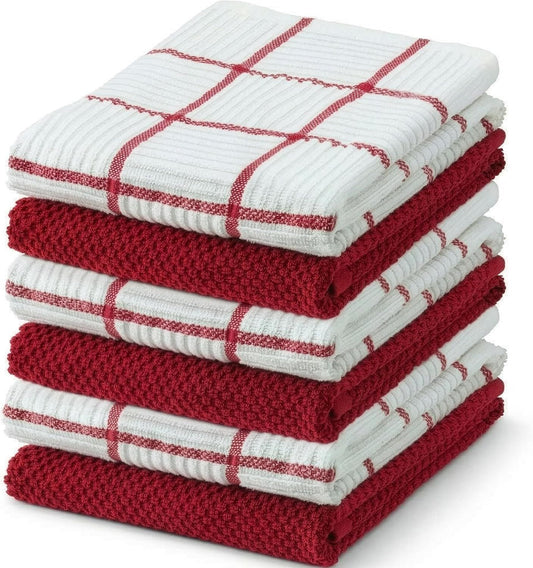 6 Pack Large Kitchen Towels, 16x27 inch Absorbent Dishcloths, 100% Cotton Cleaning Cloth, Red Set (Pack of 6) V1258-DP02-E-557
