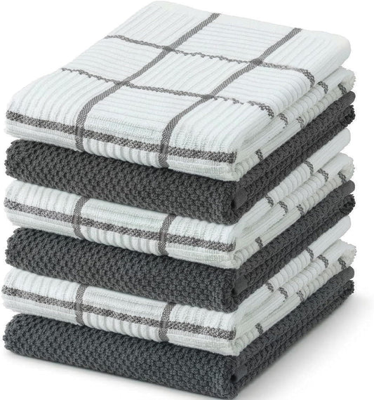 6 Pack Large Kitchen Towels, 16x27 inch Absorbent Dishcloths, 100% Cotton Cleaning Cloth, Gray Set (Pack of 6) V1258-DP02-E-558