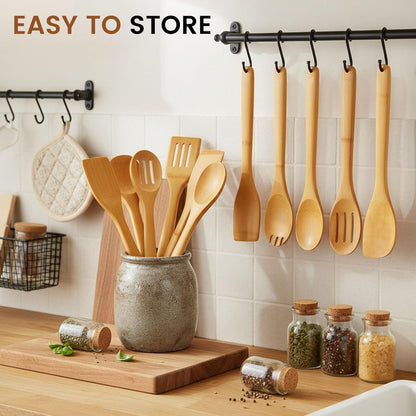 7-Piece Bamboo Kitchen Utensils Set, Wooden Spoons & Spatulas for Nonstick Cookware, Lightweight V1258-DP02-E-568
