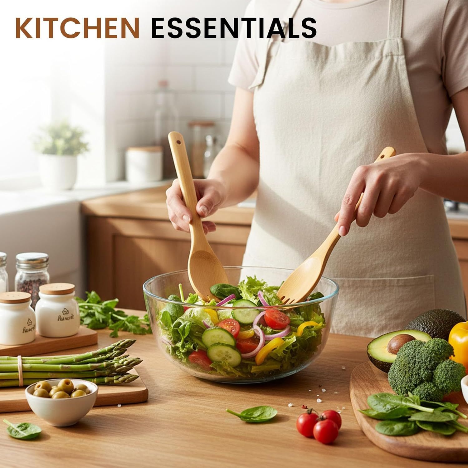 7-Piece Bamboo Kitchen Utensils Set, Wooden Spoons & Spatulas for Nonstick Cookware, Lightweight V1258-DP02-E-568