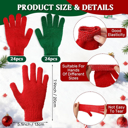 48 Pcs Red and Green Exfoliating Gloves Shower Gloves Bulk Christmas Stocking Stuffing Gifts Double Sided V1258-DP02-E-588