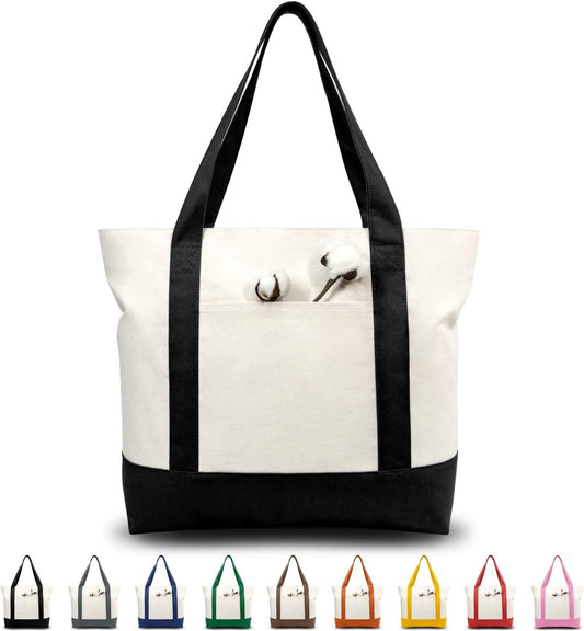 1 | 3 | 6 | 30 Pack Canvas Tote Bag with an External Pocket, Reusable Grocery Shopping Bag, Top Zipper V1258-DP02-E-593