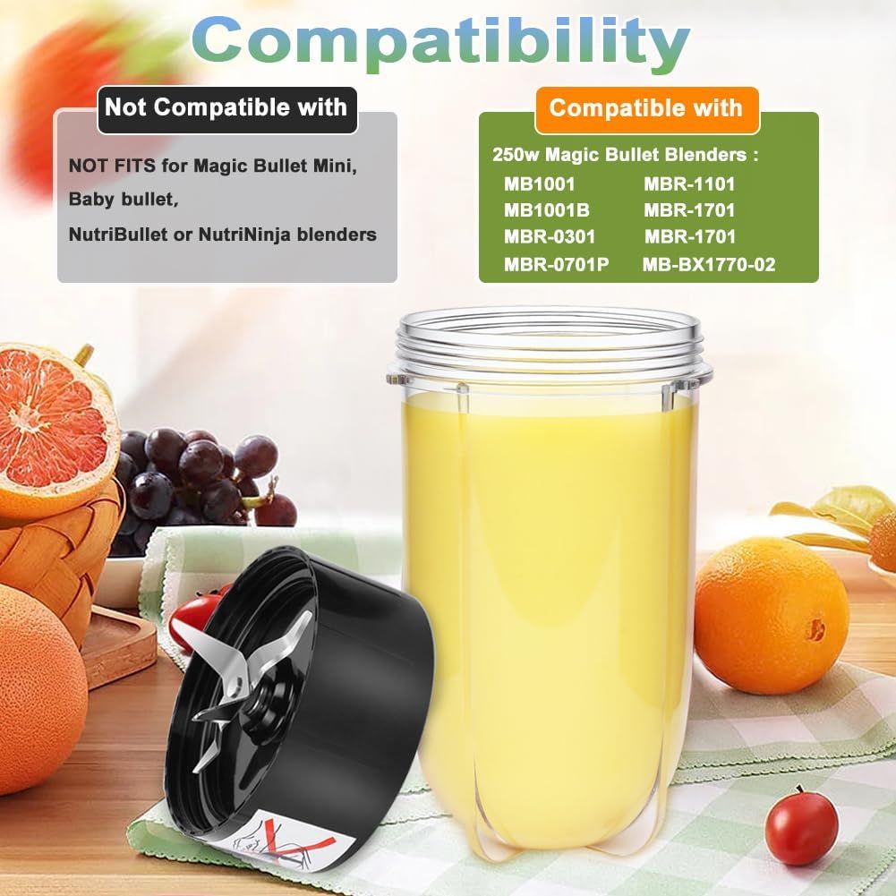 Replacement Cross Blade + 16oz Cup Set for Magic Bullet, Replacement Parts compatible with 250 W Magic Bullet V1258-DP02-E-597