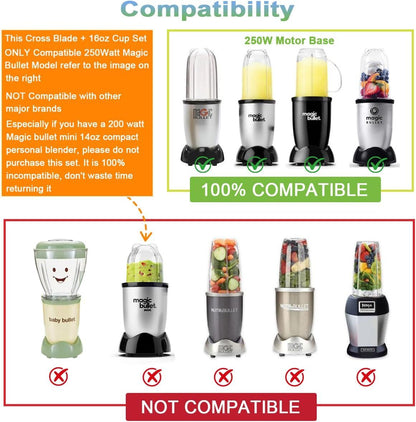 Replacement Cross Blade + 16oz Cup Set for Magic Bullet, Replacement Parts compatible with 250 W Magic Bullet V1258-DP02-E-597