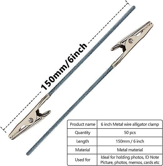 50Pcs Metal Wire Alligator Clamp Long-Tailed Alligator Iron Clip Clasp for DIY Card Clip Holder 6 inch (150mm) V1258-DP02-E-601