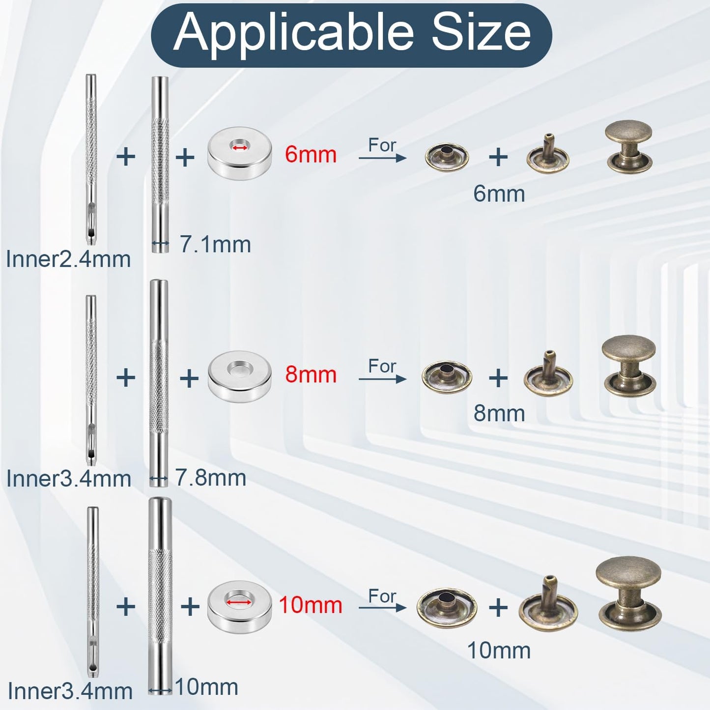 200Sets 6mm Leather Rivets + 7pcs Rivets Setting Tools for Install Leather Bag Belt Shoe Boot Hats Pet Collar V1258-DP02-E-61