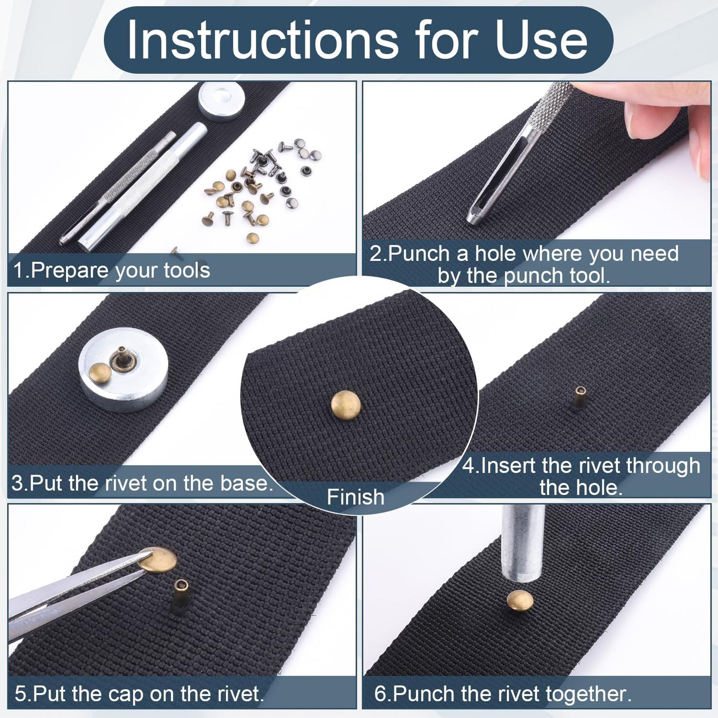 200Sets 6mm Leather Rivets + 7pcs Rivets Setting Tools for Install Leather Bag Belt Shoe Boot Hats Pet Collar V1258-DP02-E-61
