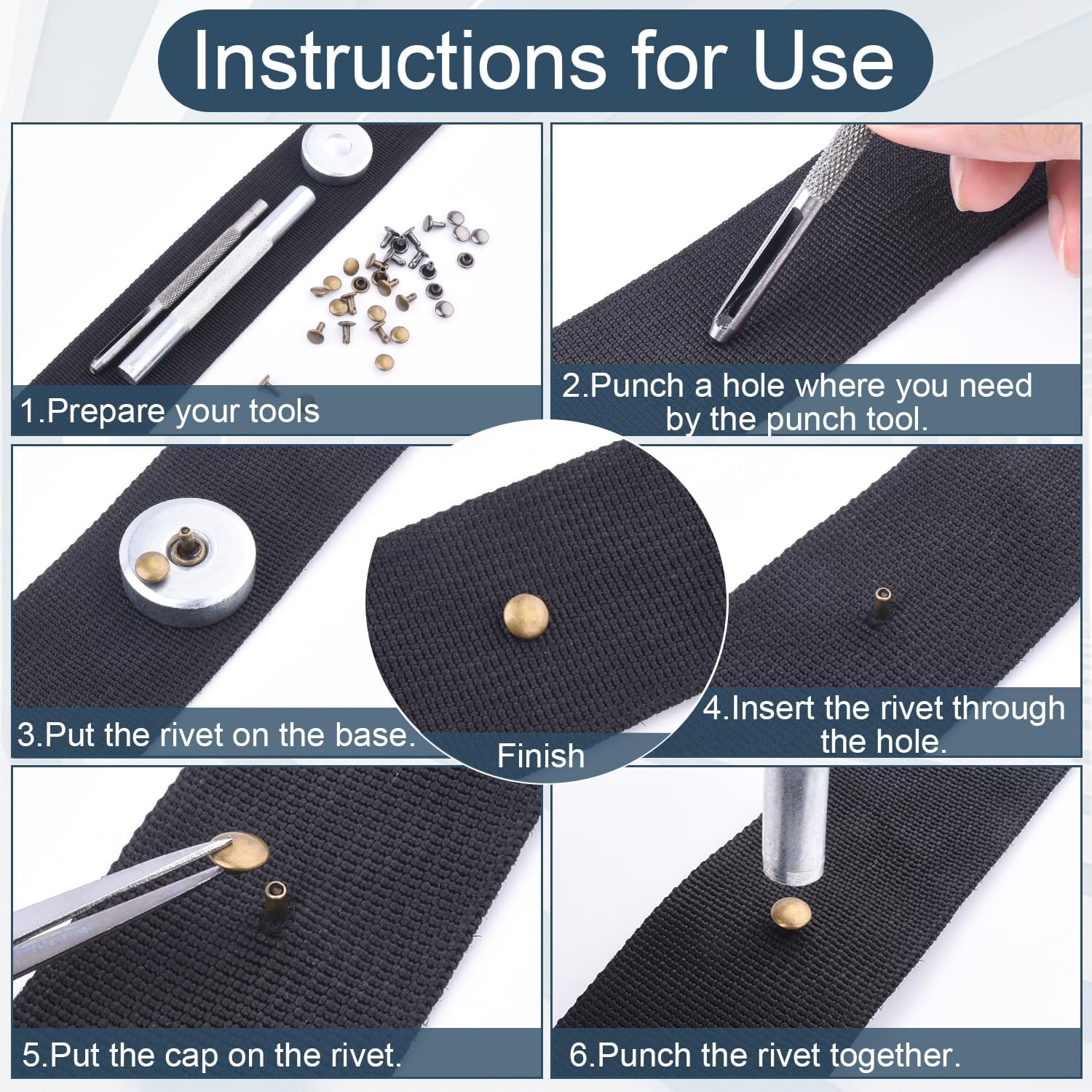 200Sets 6mm Leather Rivets + 7pcs Rivets Setting Tools for Install Leather Bag Belt Shoe Boot Hats Pet Collar V1258-DP02-E-61
