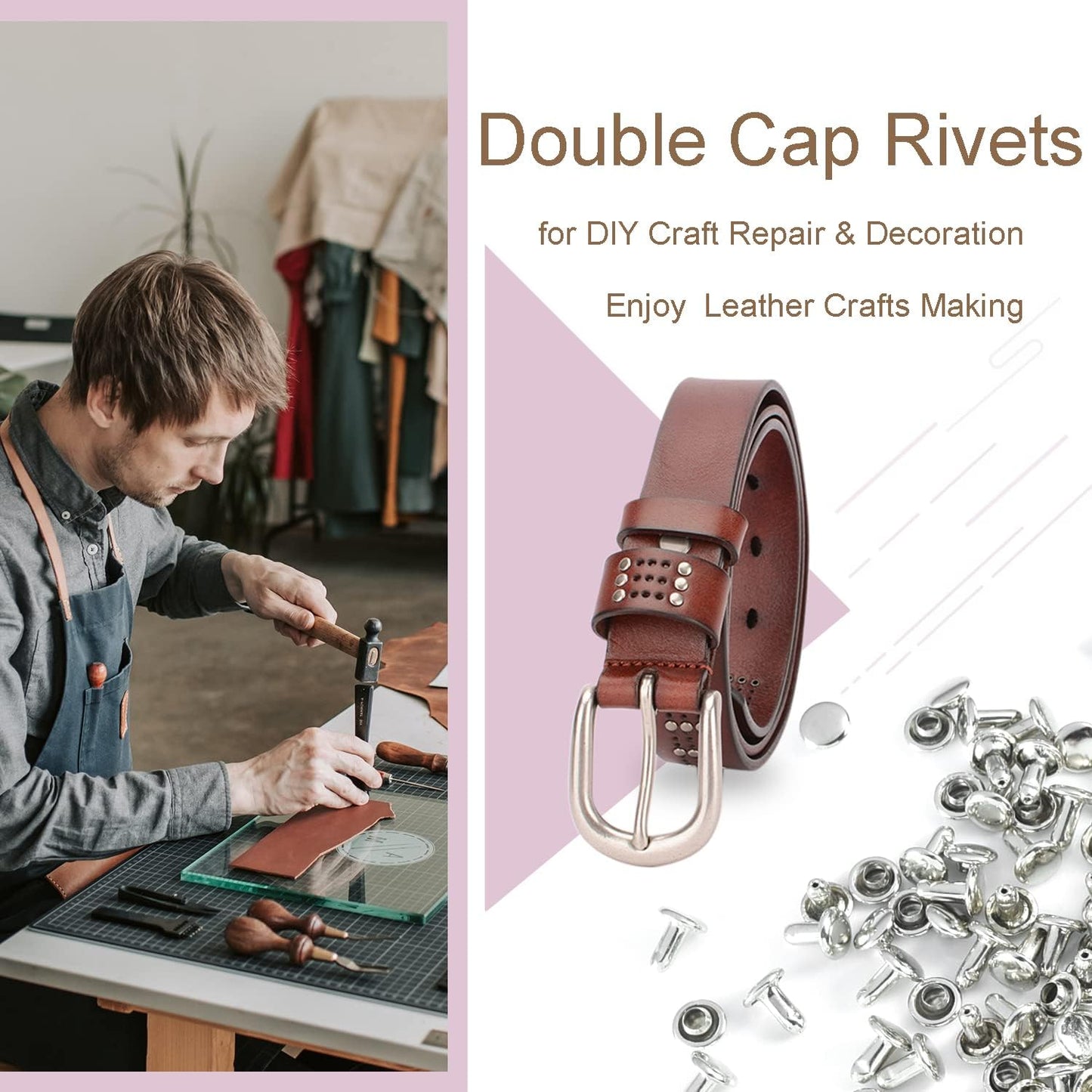 200Sets 6mm Leather Rivets + 7pcs Rivets Setting Tools for Install Leather Bag Belt Shoe Boot Hats Pet Collar V1258-DP02-E-61