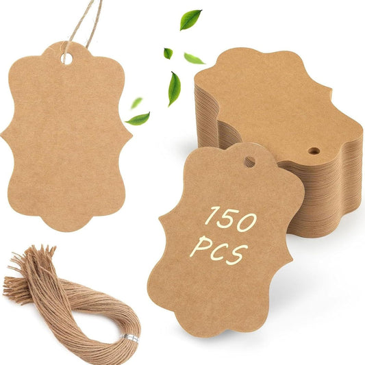 150PCS Brown Paper Kraft Tags,1.9x2.75 inch Scalloped Gift Tags with String for Clothes DIY Crafts Wedding V1258-DP02-E-633