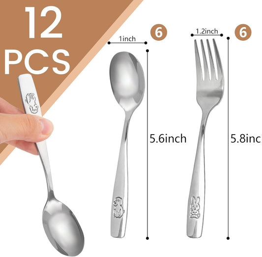 12PCS Toddler Utensils, Stainless Steel Kids Silverware, Safe Toddler Forks and Spoons, Mirror Polished, V1258-DP02-E-635