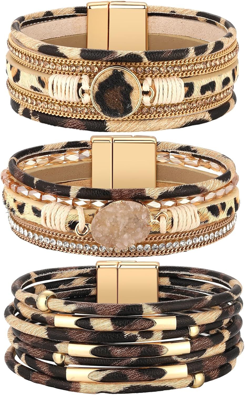 3 Pcs Western Bracelet for Women Leather Multi Layer Wrap Bracelet Western Boho Crystal Beads Cuff Jewelry V1258-DP02-E-644