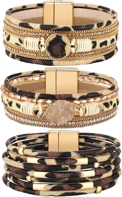3 Pcs Western Bracelet for Women Leather Multi Layer Wrap Bracelet Western Boho Crystal Beads Cuff Jewelry V1258-DP02-E-644