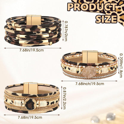 3 Pcs Western Bracelet for Women Leather Multi Layer Wrap Bracelet Western Boho Crystal Beads Cuff Jewelry V1258-DP02-E-644