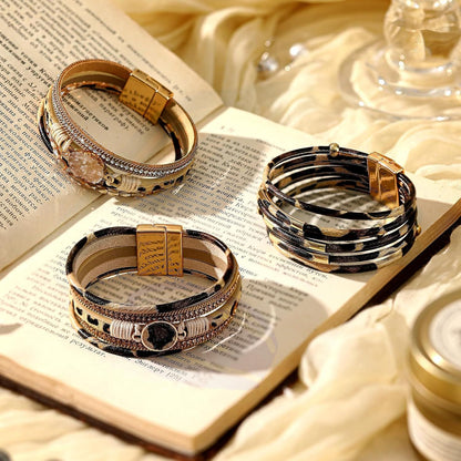 3 Pcs Western Bracelet for Women Leather Multi Layer Wrap Bracelet Western Boho Crystal Beads Cuff Jewelry V1258-DP02-E-644