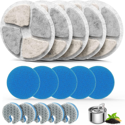 Stainless Steel Cat Water Fountain Filters, 5 Pack Replacement Filters Fit for Round 2L/67oz Automatic Pet V1258-DP02-E-65