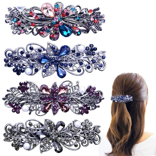 4 PCS Hair Barrettes for Women Ladies, Flower Crystal Rhinestones Barrette Pearl Spring Hair Clip Accessories V1258-DP02-E-653