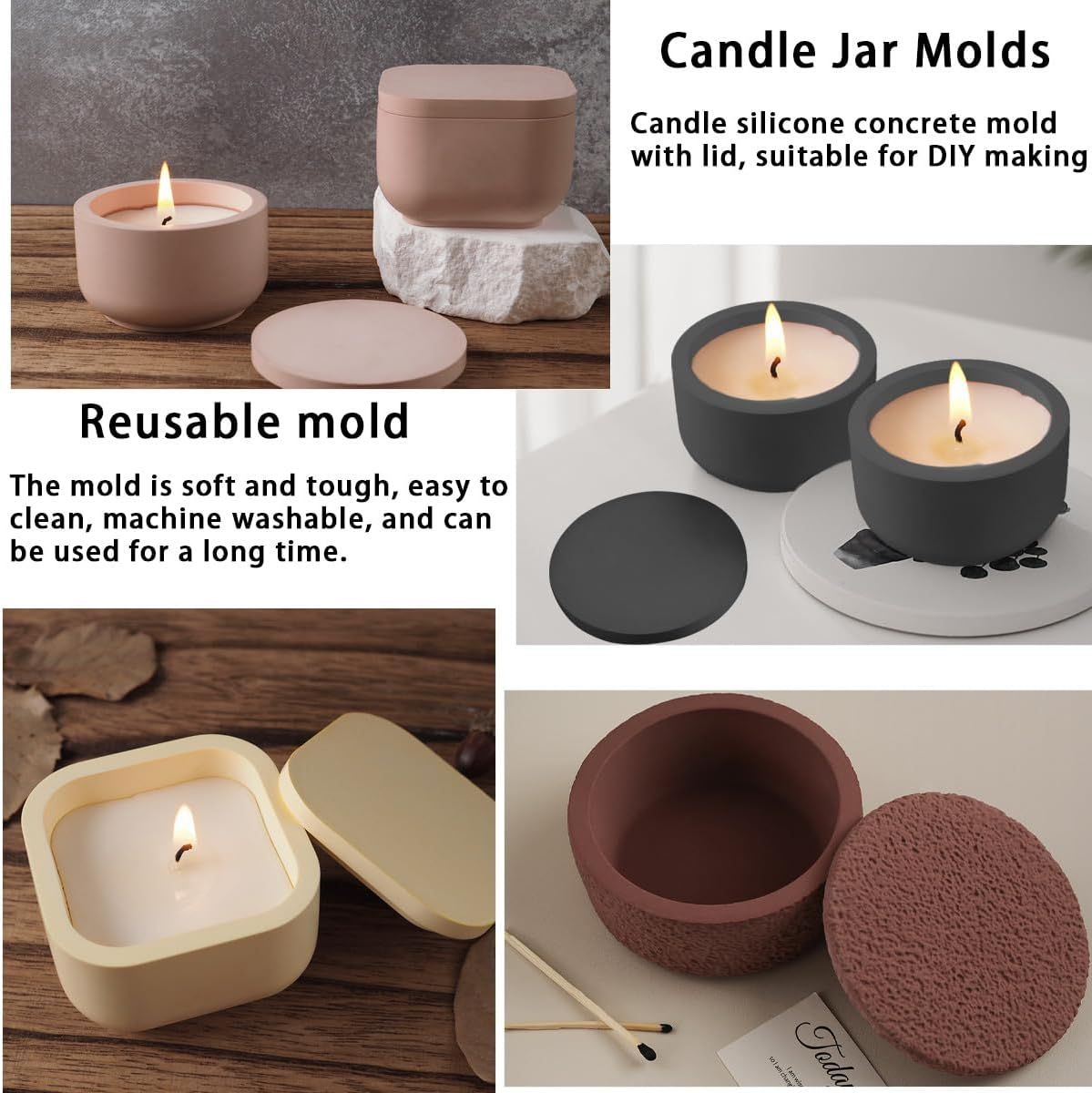 2 PCS Candle Jar Molds Silicone Concrete Mold with Lids Epoxy Resin Casting Molds for DIY Trinket Storage V1258-DP02-E-659