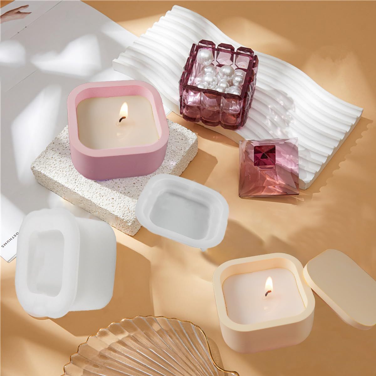 2 PCS Candle Jar Molds Silicone Concrete Mold with Lids Epoxy Resin Casting Molds for DIY Trinket Storage V1258-DP02-E-659