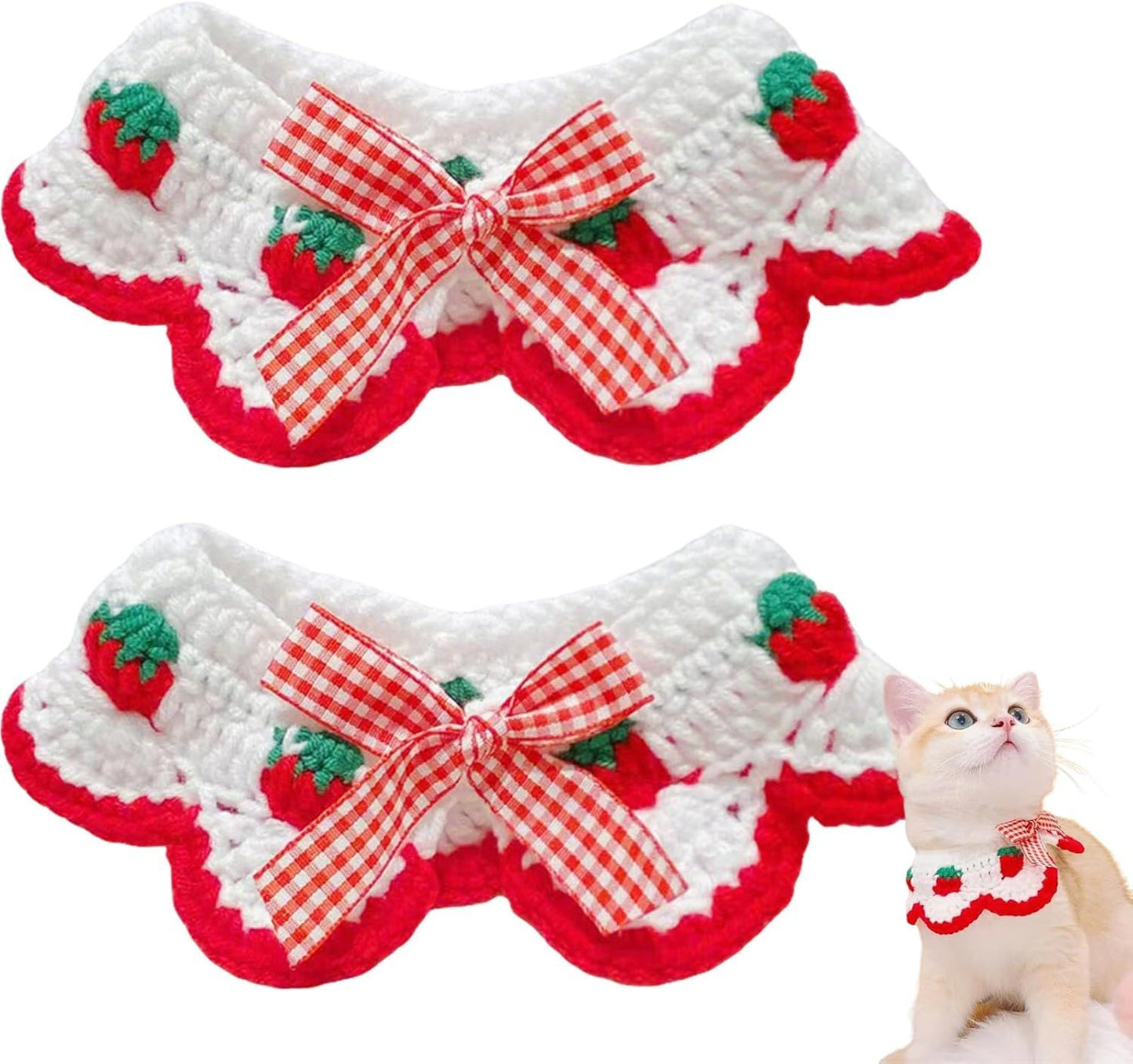 2 Pcs Cat Knitted Collar Cute Strawberry Pattern Scarf Adjustable Kitten Bib Bow with Soft Ruffled Edges Pet V1258-DP02-E-660