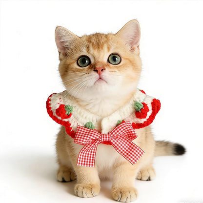 2 Pcs Cat Knitted Collar Cute Strawberry Pattern Scarf Adjustable Kitten Bib Bow with Soft Ruffled Edges Pet V1258-DP02-E-660