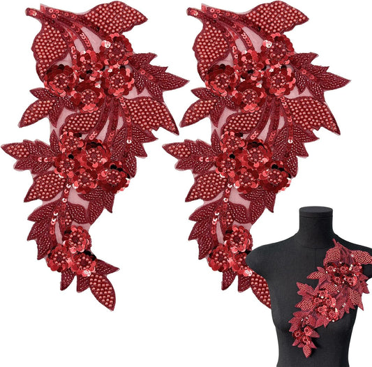 2 PCS Large 3D Beaded Embroidery Sequin Lace Applique Pearl Lace Applique Patches for Clothes, DIY Patches V1258-DP02-E-662