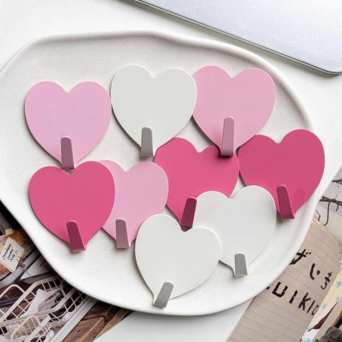 9 Pcs Heart Shaped Adhesive Wall Hooks, Cute Decorative Pink and White Self-Adhesive Hooks for Home Office V1258-DP02-E-678