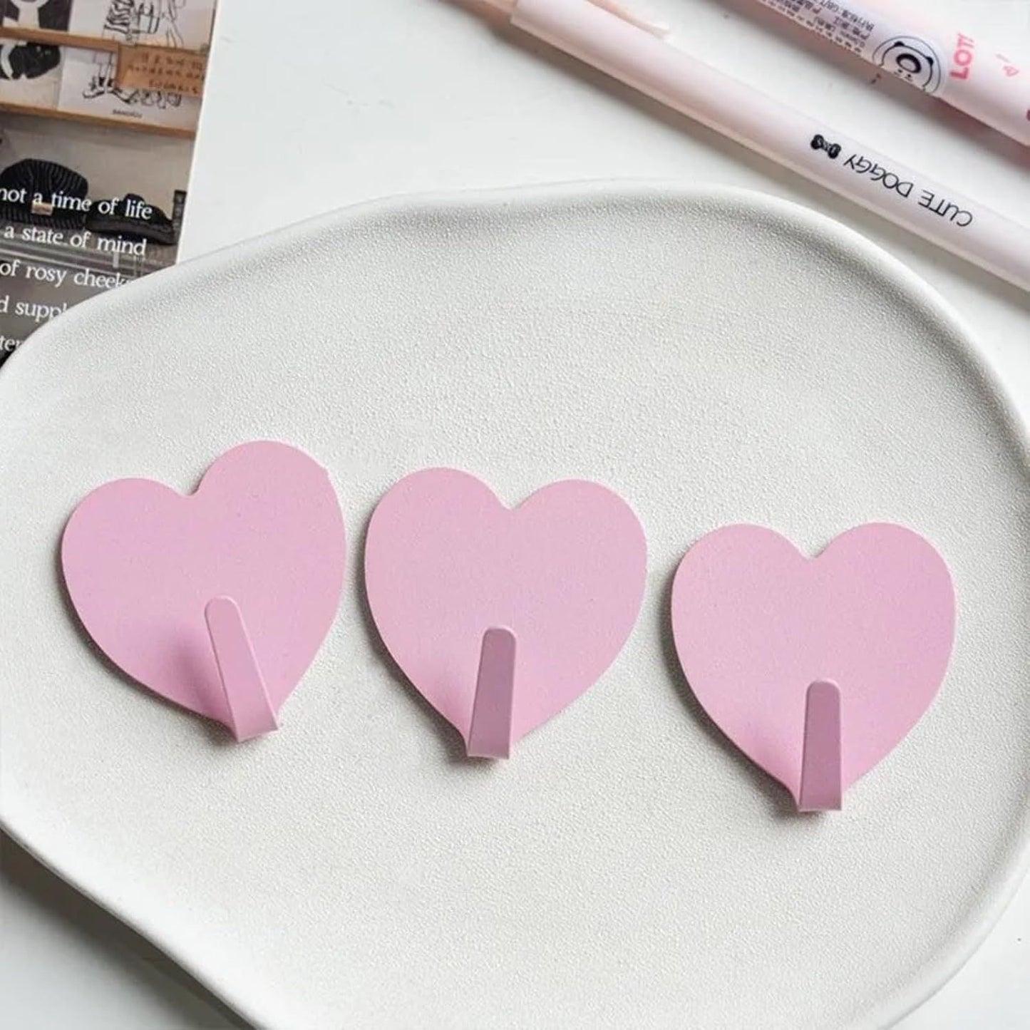 9 Pcs Heart Shaped Adhesive Wall Hooks, Cute Decorative Pink and White Self-Adhesive Hooks for Home Office V1258-DP02-E-678
