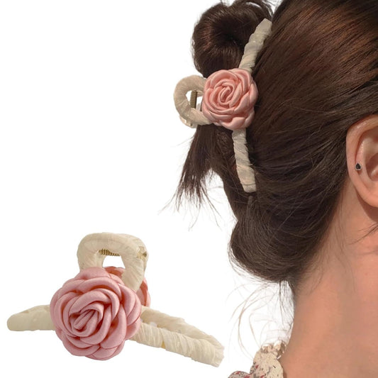 Elegant White Hair Claw Clip with Pink Glossy Camellia for Girls Women, Rose Floral Spring Hair Accessory V1258-DP02-E-683