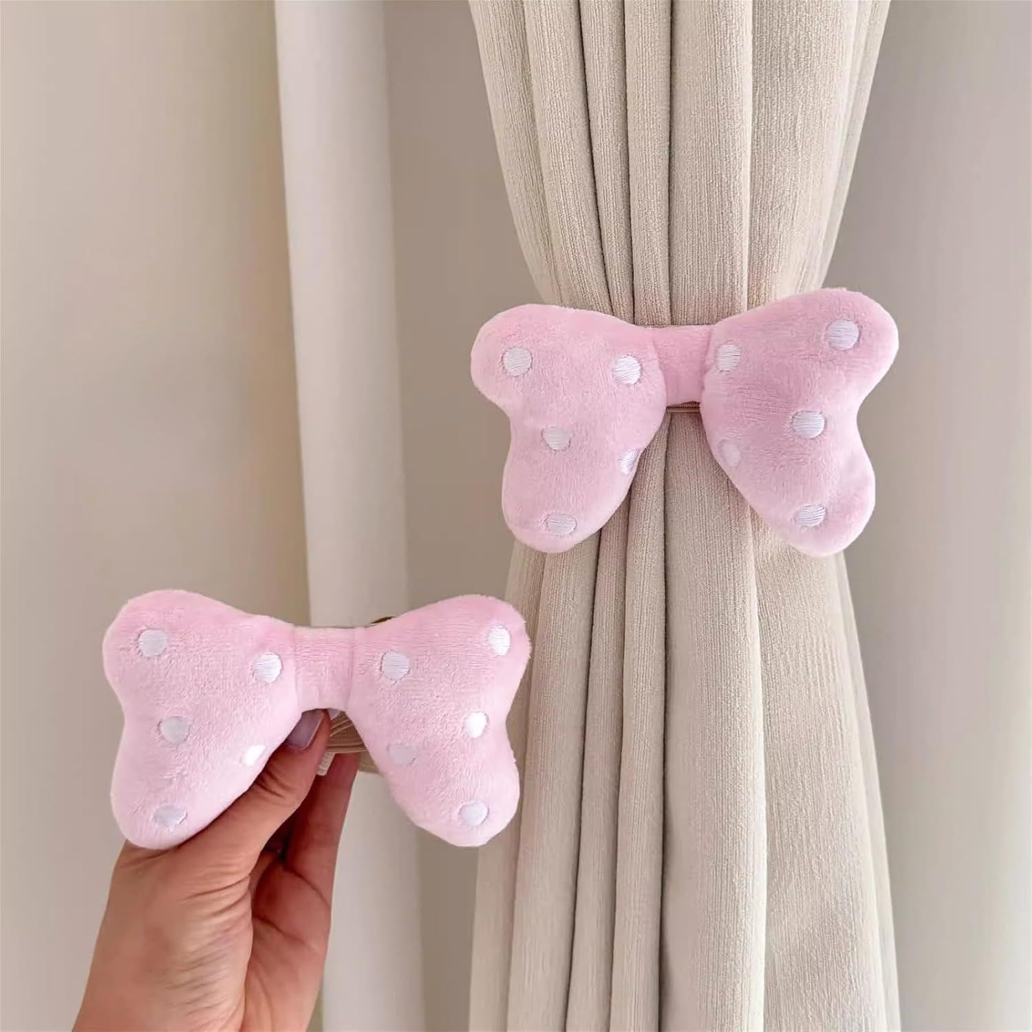 2 Pack Curtain Tiebacks with Pink Plush Bow and White Polka Dot, Snap Button Closure Curtains Holdbacks for V1258-DP02-E-684