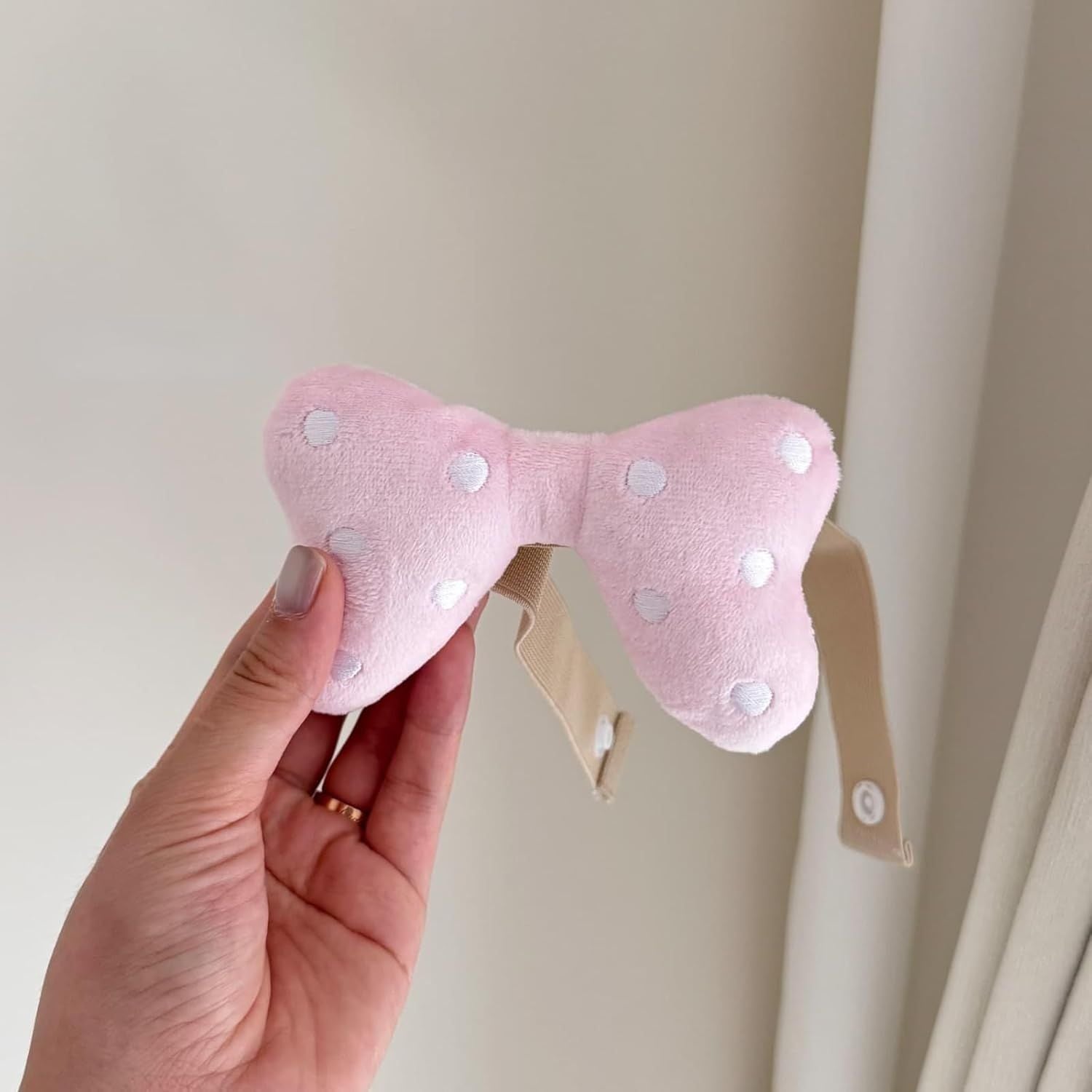 2 Pack Curtain Tiebacks with Pink Plush Bow and White Polka Dot, Snap Button Closure Curtains Holdbacks for V1258-DP02-E-684