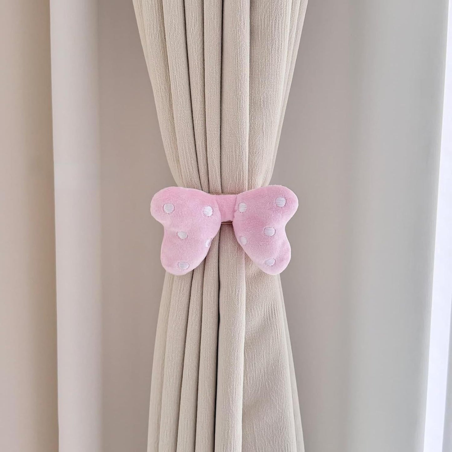 2 Pack Curtain Tiebacks with Pink Plush Bow and White Polka Dot, Snap Button Closure Curtains Holdbacks for V1258-DP02-E-684
