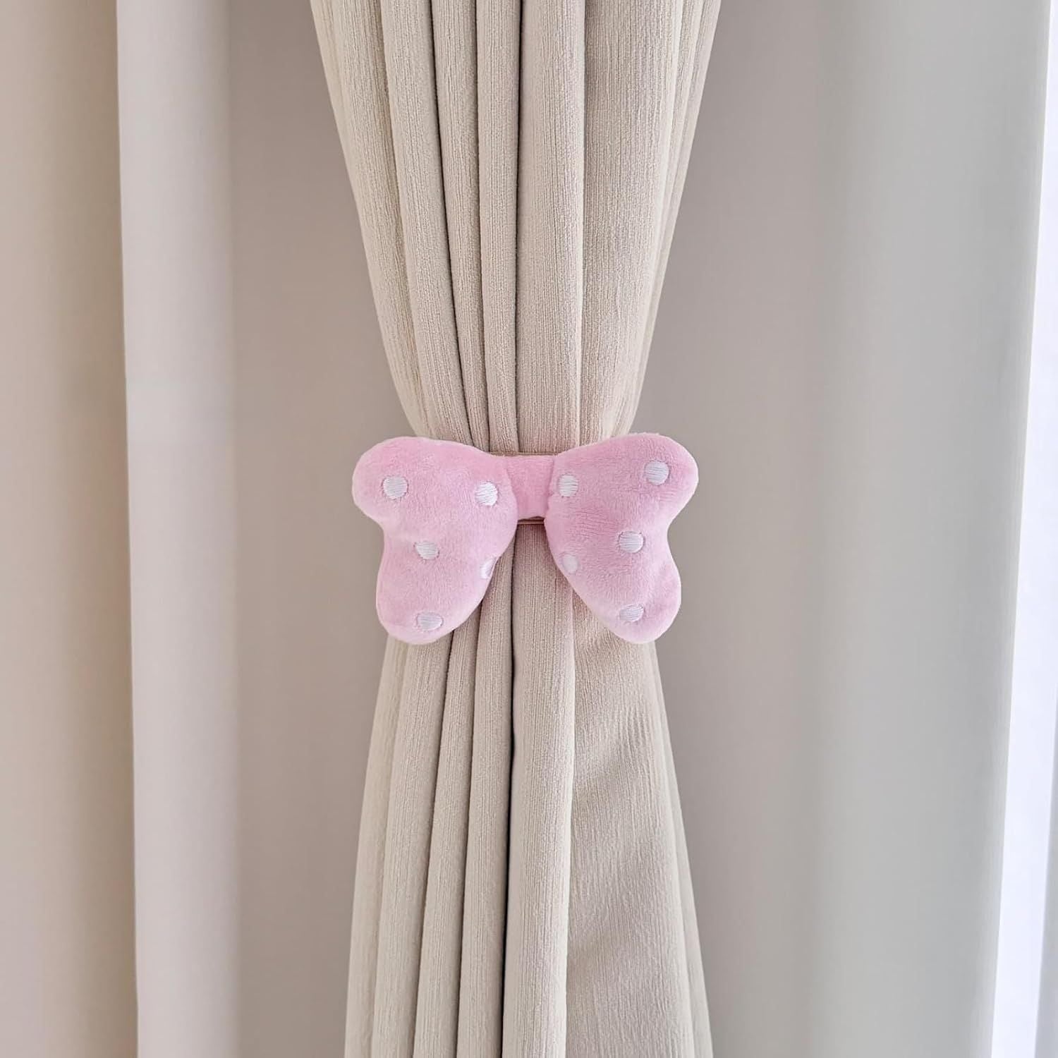 2 Pack Curtain Tiebacks with Pink Plush Bow and White Polka Dot, Snap Button Closure Curtains Holdbacks for V1258-DP02-E-684
