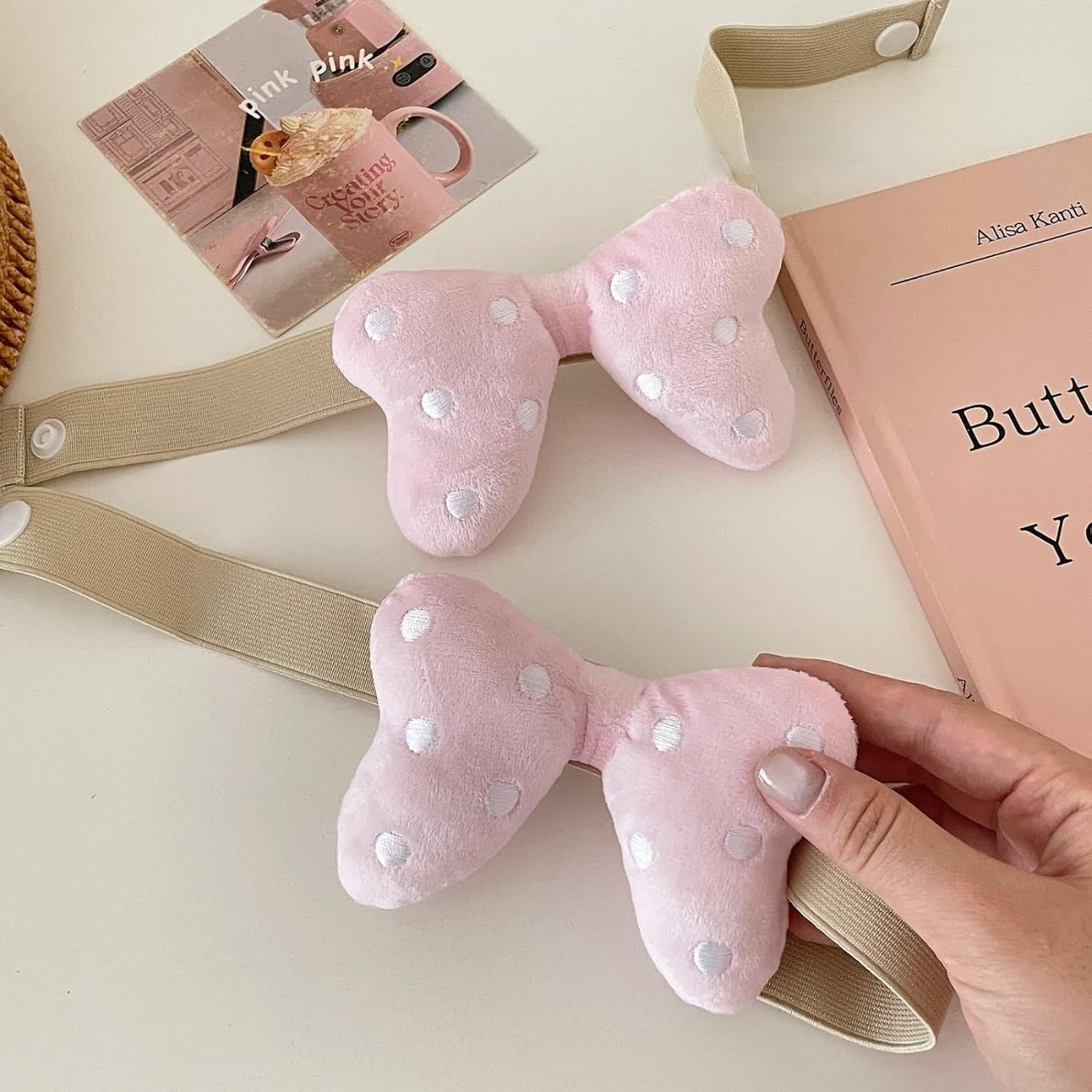 2 Pack Curtain Tiebacks with Pink Plush Bow and White Polka Dot, Snap Button Closure Curtains Holdbacks for V1258-DP02-E-684