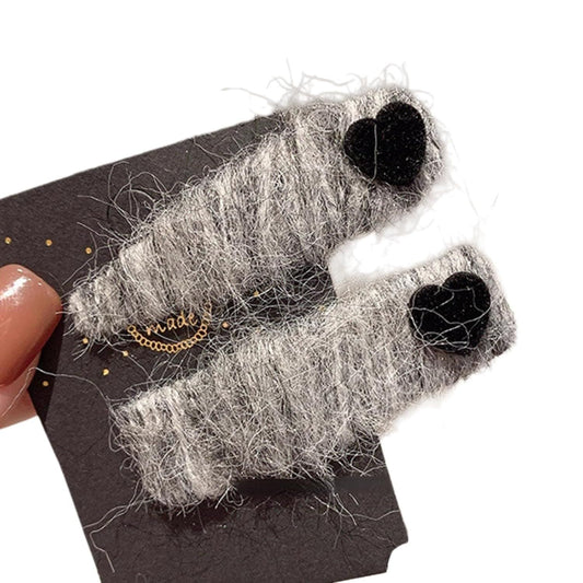 2 Pack Fuzzy Stripy Hair Clips with Velvet Heart for Women Winter, Classy Gray/Red Barrettes Korean Style V1258-DP02-E-687