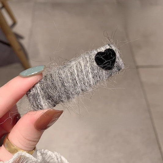 2 Pack Fuzzy Stripy Hair Clips with Velvet Heart for Women Winter, Classy Gray/Red Barrettes Korean Style V1258-DP02-E-687