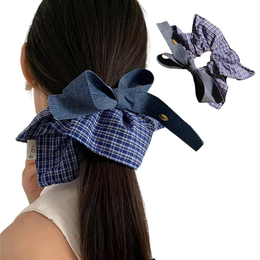 Large Blue Plaid Denim Bow Scrunchie for Women Girls, Hair Scarf Hair Band Hair Tie Elegant Headband V1258-DP02-E-688