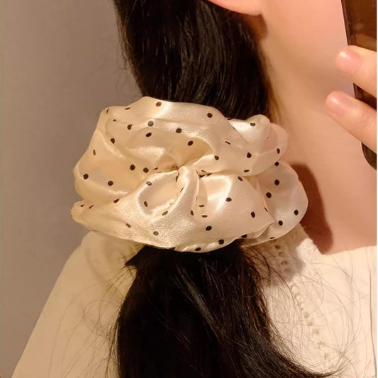 2 Packs Large Scrunchies Black White Polka Dot Satin Elastic Hair Tie, Classic Elegant Nostalgia Hair Band V1258-DP02-E-689