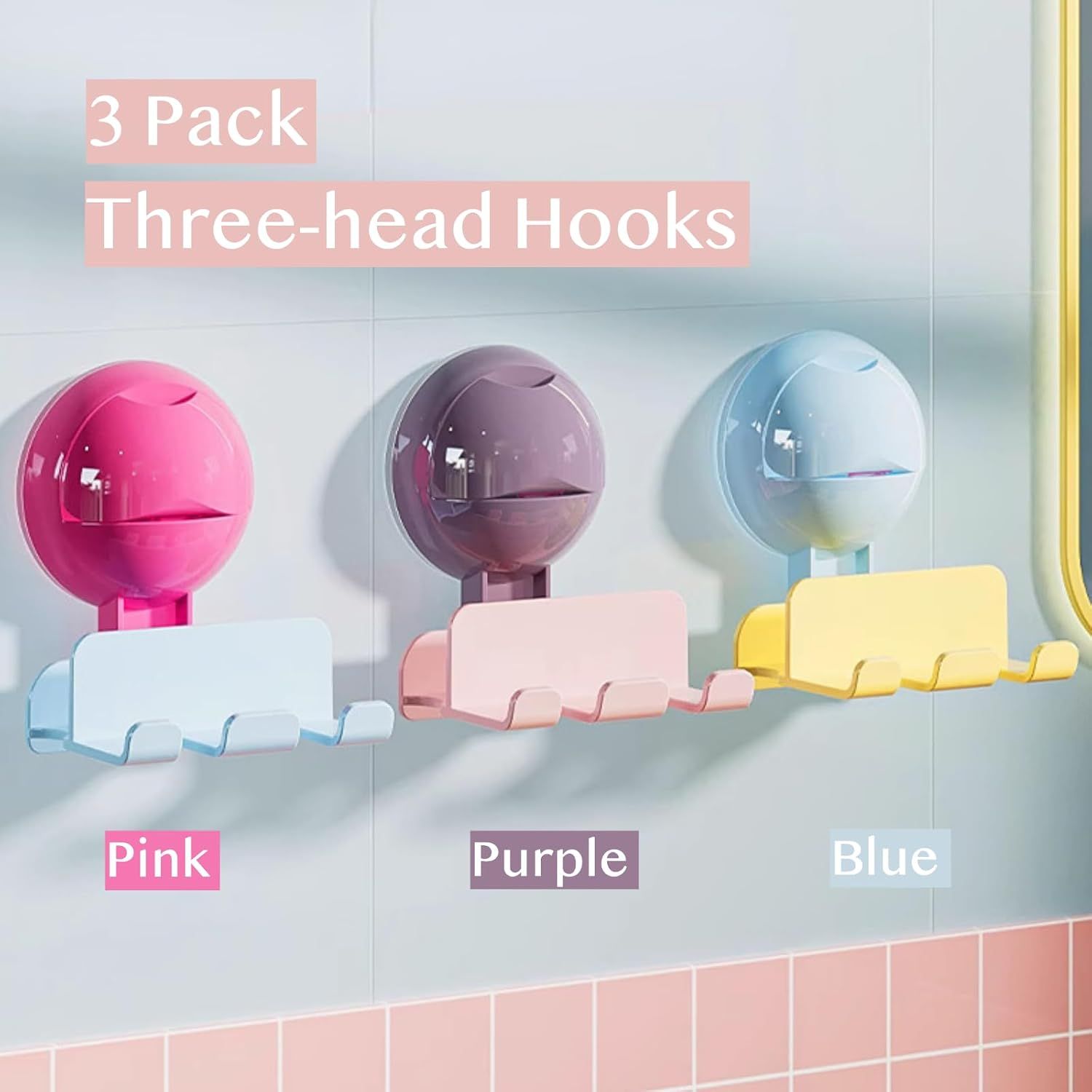 3 Pack Reusable No-Drill No-Trace Vacuum Suction Hooks, Wall-Mounted Toothbrush Holder, Storage Rack for V1258-DP02-E-698