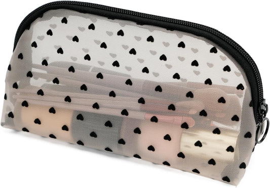 Portable Mesh Makeup Bag with Zipper Small Travel Toiletry Bag Lightweight Cosmetic Pouch (Beige&Black Heart V1258-DP02-E-704