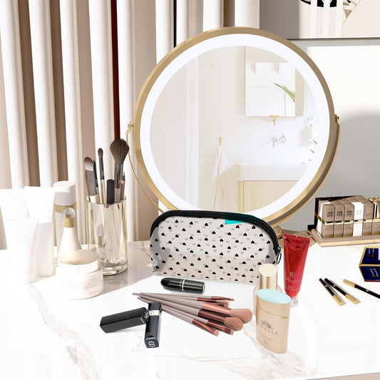 Portable Mesh Makeup Bag with Zipper Small Travel Toiletry Bag Lightweight Cosmetic Pouch (Beige&Black Heart V1258-DP02-E-704