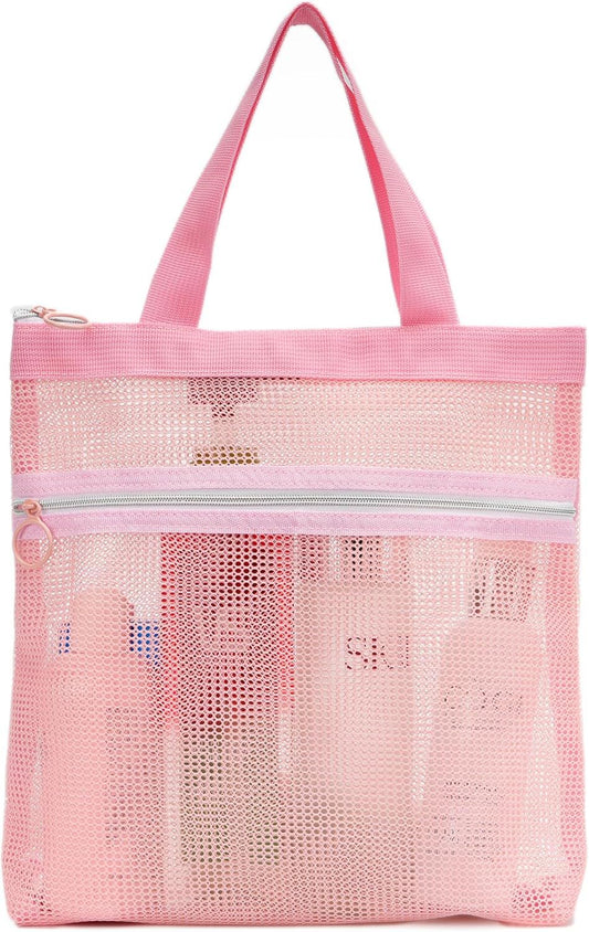 Mesh Shower Caddy Bag Portable Small Hanging Toiletry Tote Bag for Gym Travel Beach Bathroom Sunscreen (Pink) V1258-DP02-E-705