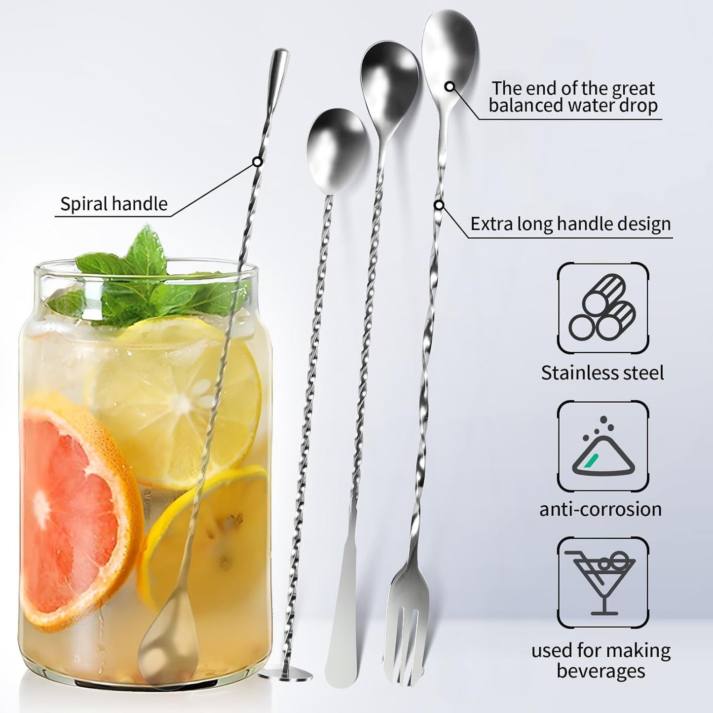 4 PCS Bar Spoon, 304 Stainless Steel Bar Mixing Spoon Stirrers Long Handle Spiral Pattern Mixed Drinks Tools V1258-DP02-E-710