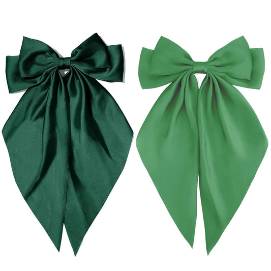 Green Hair Bows for Women Girl, Big Bow Hair Clips, Silky Satin Bows Oversized Long Tail with Clips Barrettes V1258-DP02-E-734