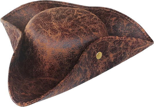 Brown Faux Leather Pirate Hat,Tricorn Pirate Hat,Novelty Leather Pirate Hat for Men Women Halloween Costume V1258-DP02-E-778