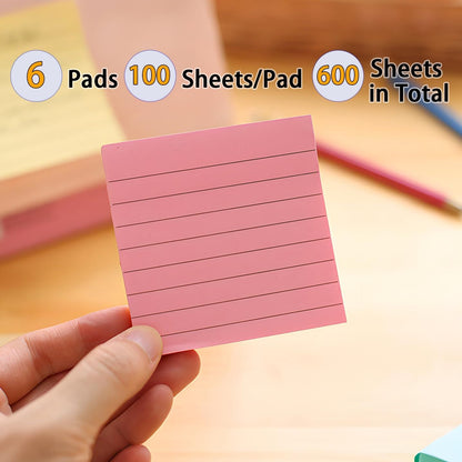 Pink Lined Sticky Notes, 3"x3" Self-Stick Note Pads, 6 Pads, 100 Sheets/Pad, Total 600 Sheet V1258-DP02-E-786